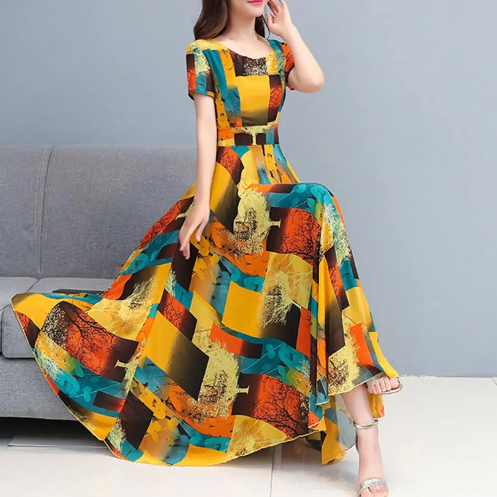 Printing Short Sleeve Women Maxi Dress Summer Ice Silk High Waist Long Dress Korean Style Casual Beach Dress Party Vestidos Robe