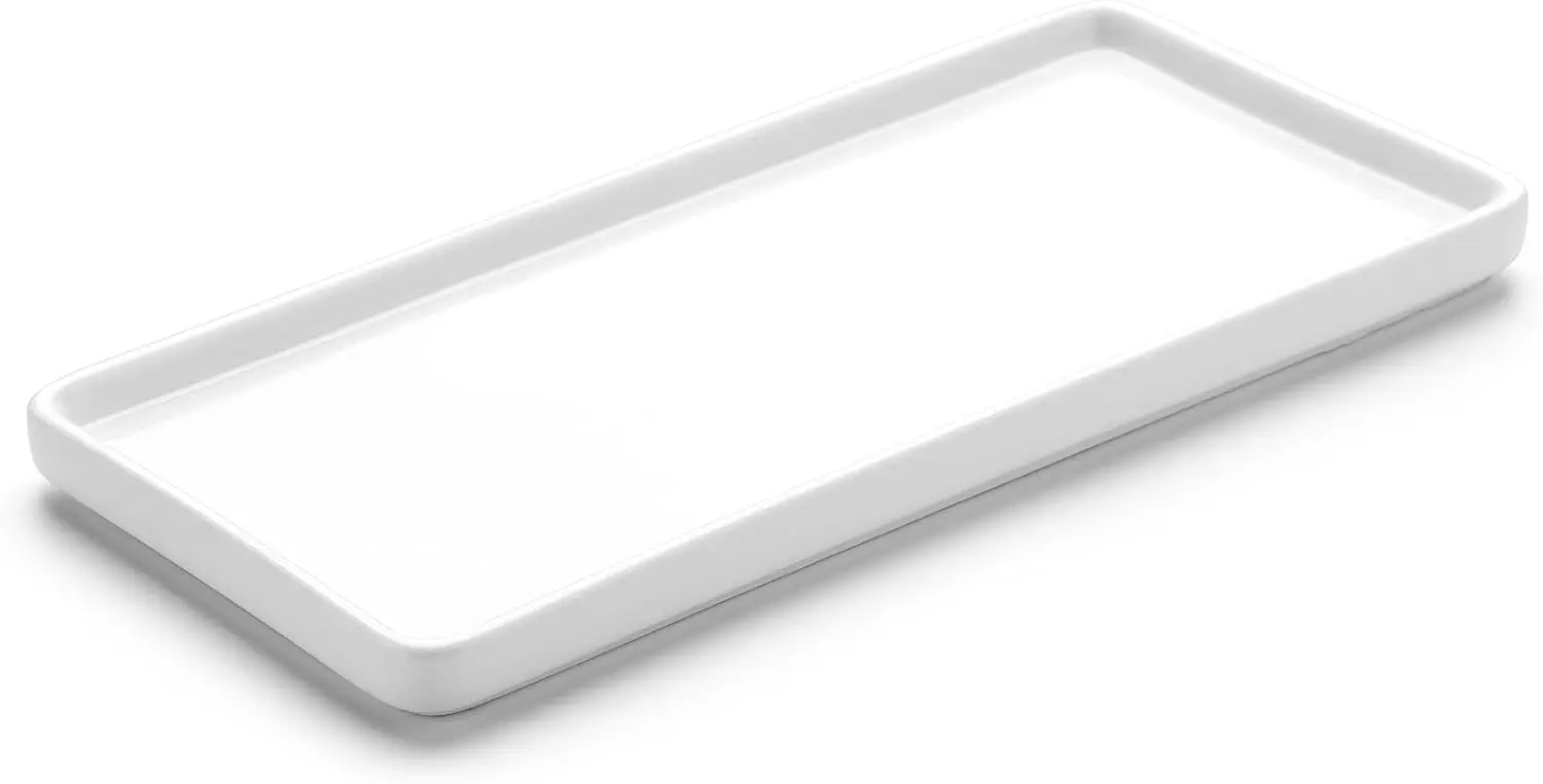 

8-Inch Ceramic Vanity Tray for Bathroom and Kitchen - White Porcelain Organizer with Non-Slip Base
