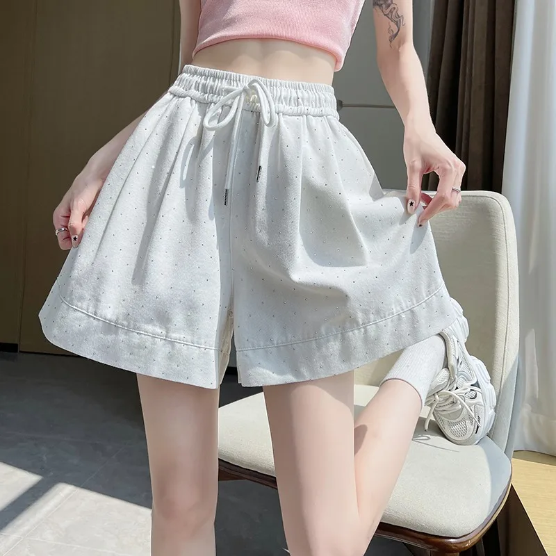 Solid Color Shorts Women Summer Drawstring Sports Loose High Waist Casual Wide Leg Pants Korean Style Versatile Shorts Female