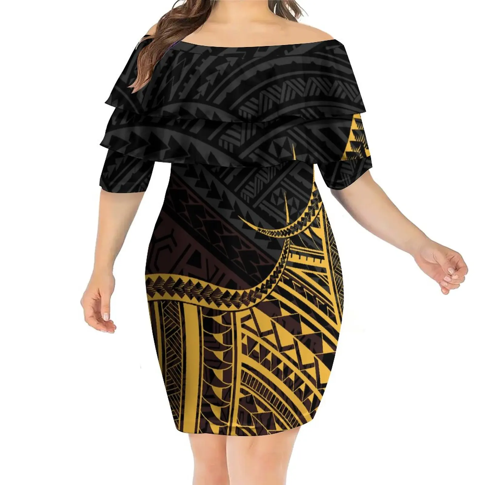 Drop Shipping Drape One Shoulder Dresses Custom Polynesian Tribal Print Layered Ruffle Short Mini Dress Plus Size Womens Dresses