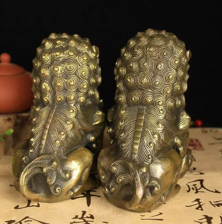 العتيقة البرونزية الباب فنغشوي الحرس فو فو الكلاب الأسد تمثال الأسود زوج #2