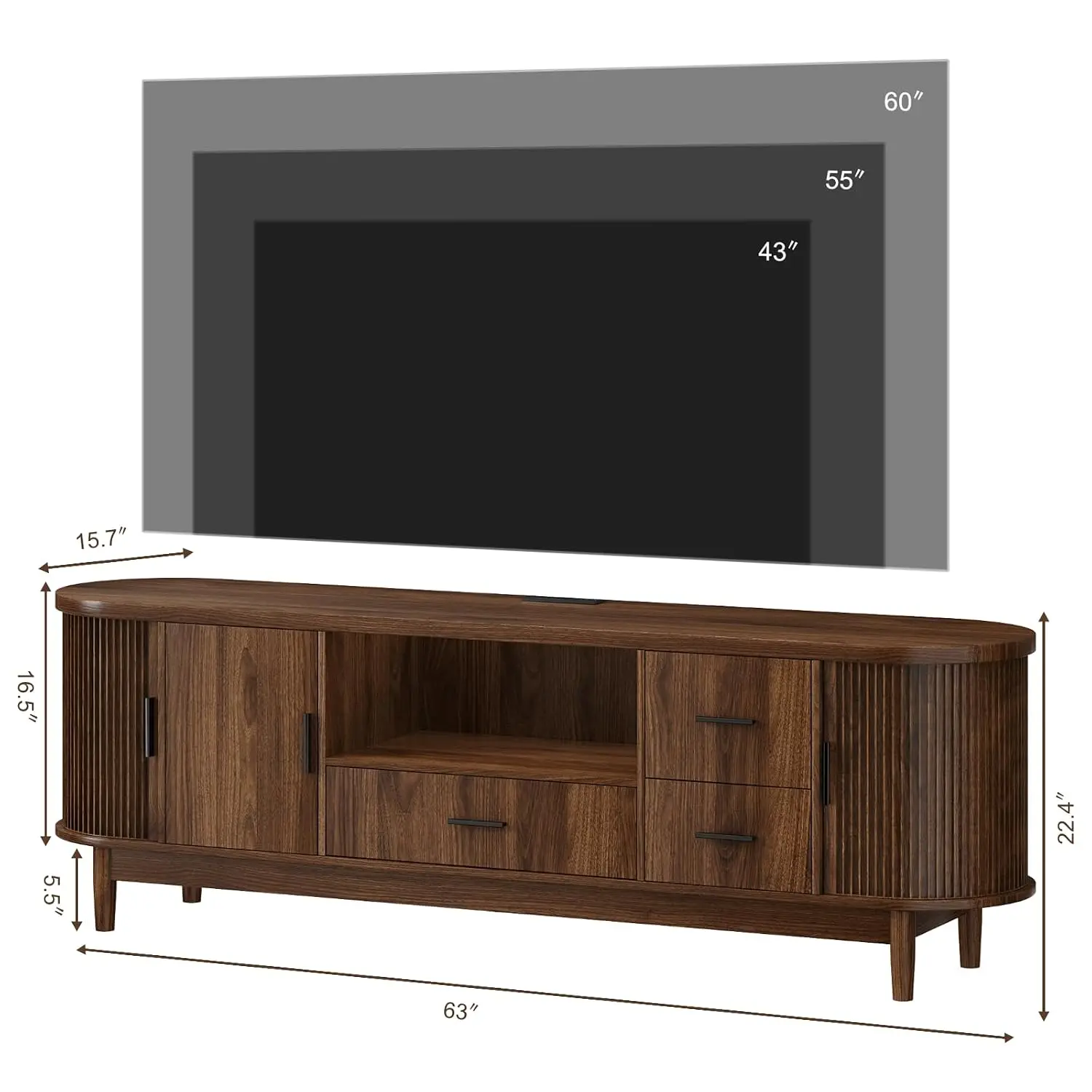 Mid Century Modern TV Stand LED Lights & Outlets Walnut Wood Entertainment Center Fluted Sliding Doors Storage Cabinet Drawers F
