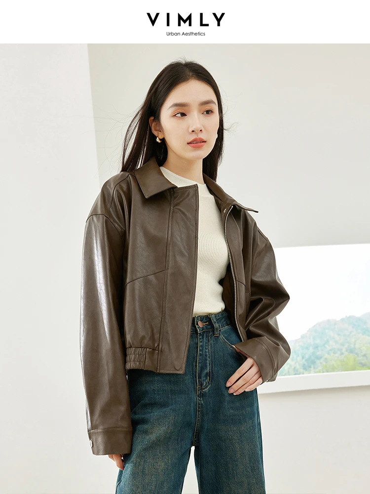 Vimly Women's Moto Biker Jacket Lapel Zipper Cropped Faux Leather Jackets 2023 Fall Winter Drop Sleeve Loose Outerwears 30062