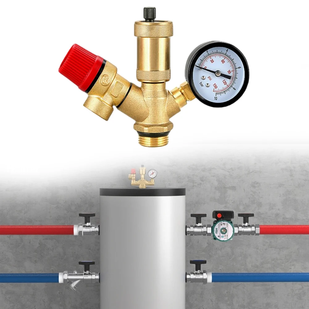 

1pc 0-10Bar External Thread Brass Safety Relief Valve Pressure Gauge Monitoring For Solar Water Heaters Easy Installation