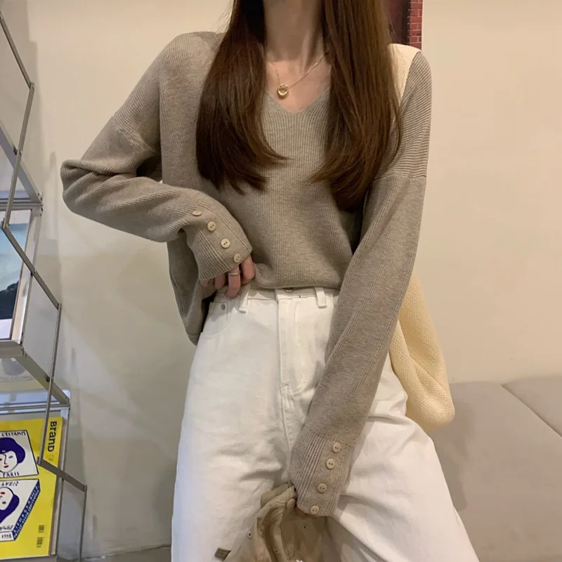 Loose V-Neck Knitwear Women's Spring Autumn New Style Casual Comfortable plus Size Sweater Outerwear Bottoming T-Shirt