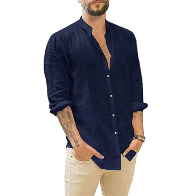 

Cotton Linen Hot Sale Men's Long-Sleeved Shirts Summer Solid Color Stand-Up Collar Casual Beach Style Plus Size