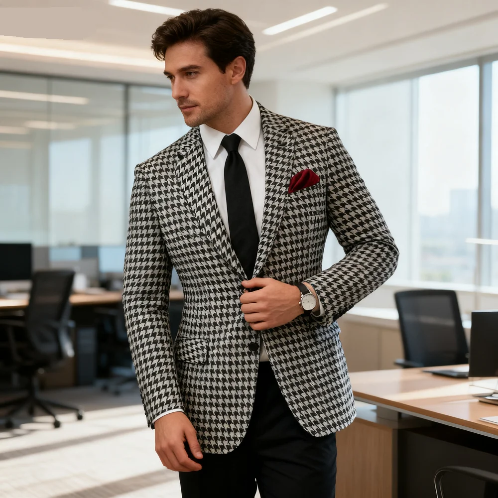 Blazer Kasual Pria Model Single-Button Xale Lapela, Mantel Jacquard Unik Bergaya Breasted untuk Pakaian Modis