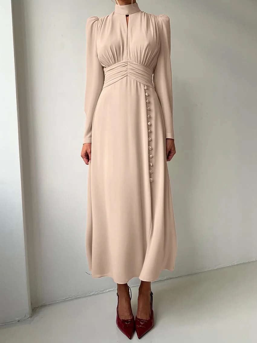 

Marthaqiqi Fashion Ladies Nightwear Turtleneck Nightgowns Long Sleeve Pajama Single Breasted Ankle-Length Dress Female Sleepwear