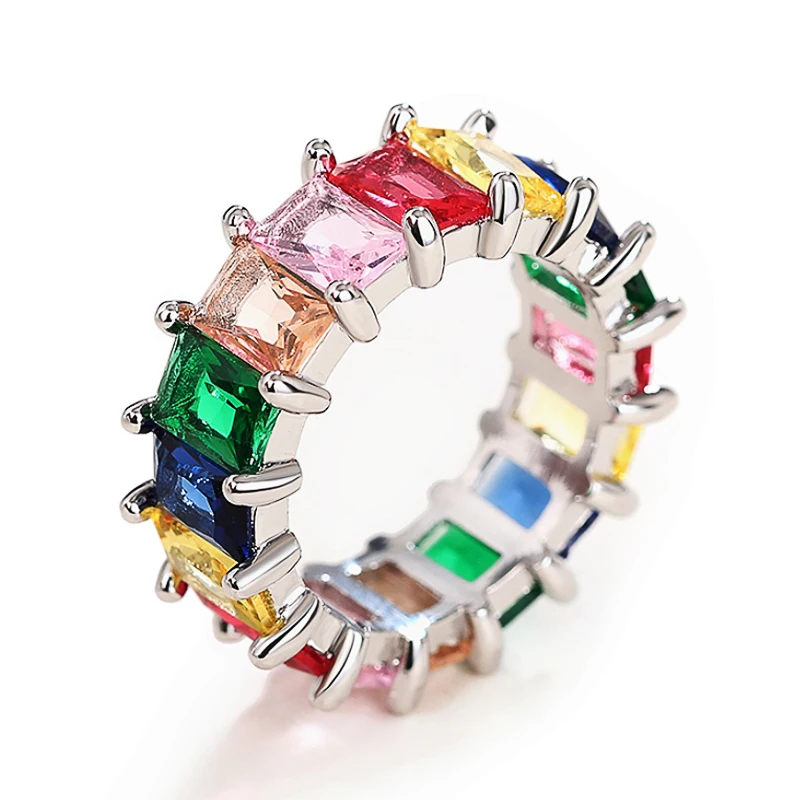 Huitan Rectangular Colorful CZ Promise Rings for Women Luxury Gold Color/Silver Color Wedding Accessories Rainbow Rings Jewelry