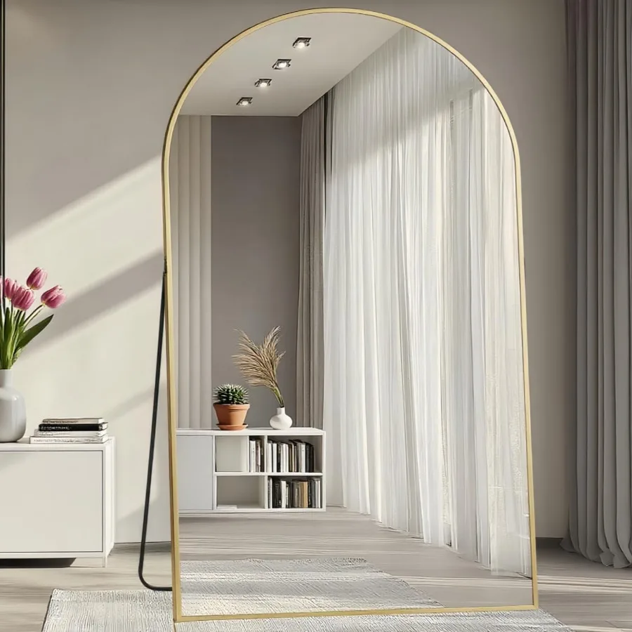 Cermin Panjang Ukuran Besar 81x41 Cermin Lantai Berbentuk Lengkung dengan Bingkai Paduan Aluminium Cermin Berdiri Bebas Modern untuk Seluruh Tubuh untuk B