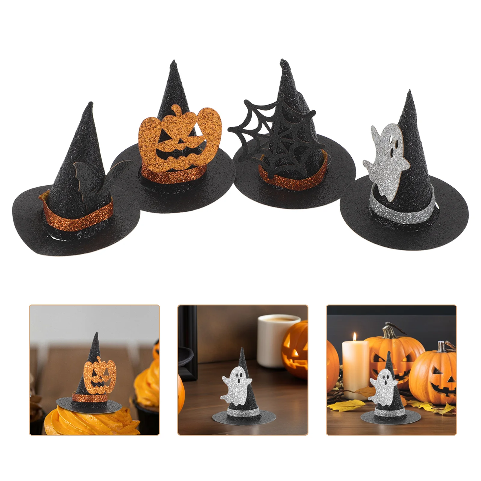 

24Pcs Mini Glitter Witch Hat Cupcake Toppers Halloween Party Decorations Wizard Hats Spooky Cake Decorations Party Favors