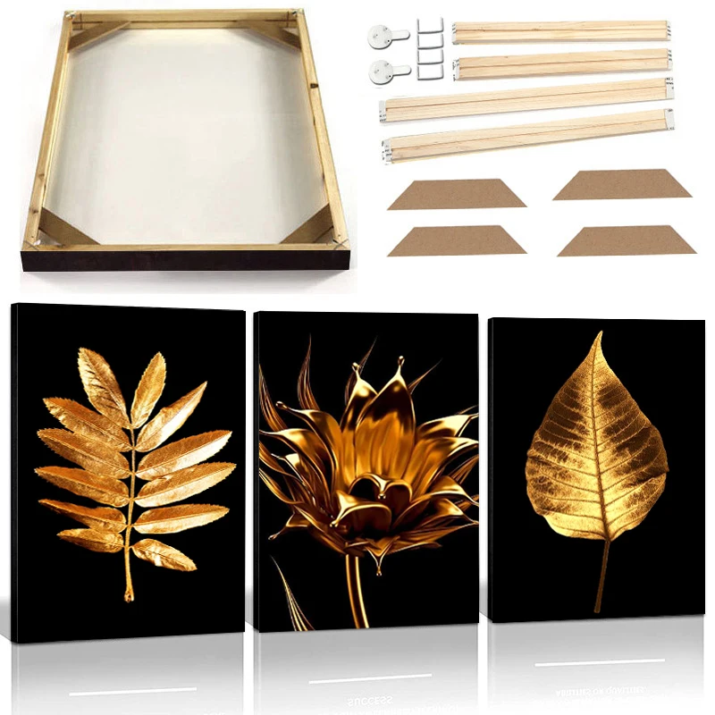 

Black Gold Leaf Wall Art Canvas Painting with Frame Splash Flowers Nordic Poster Prints Modern Abstract Plant Picture Home Decor