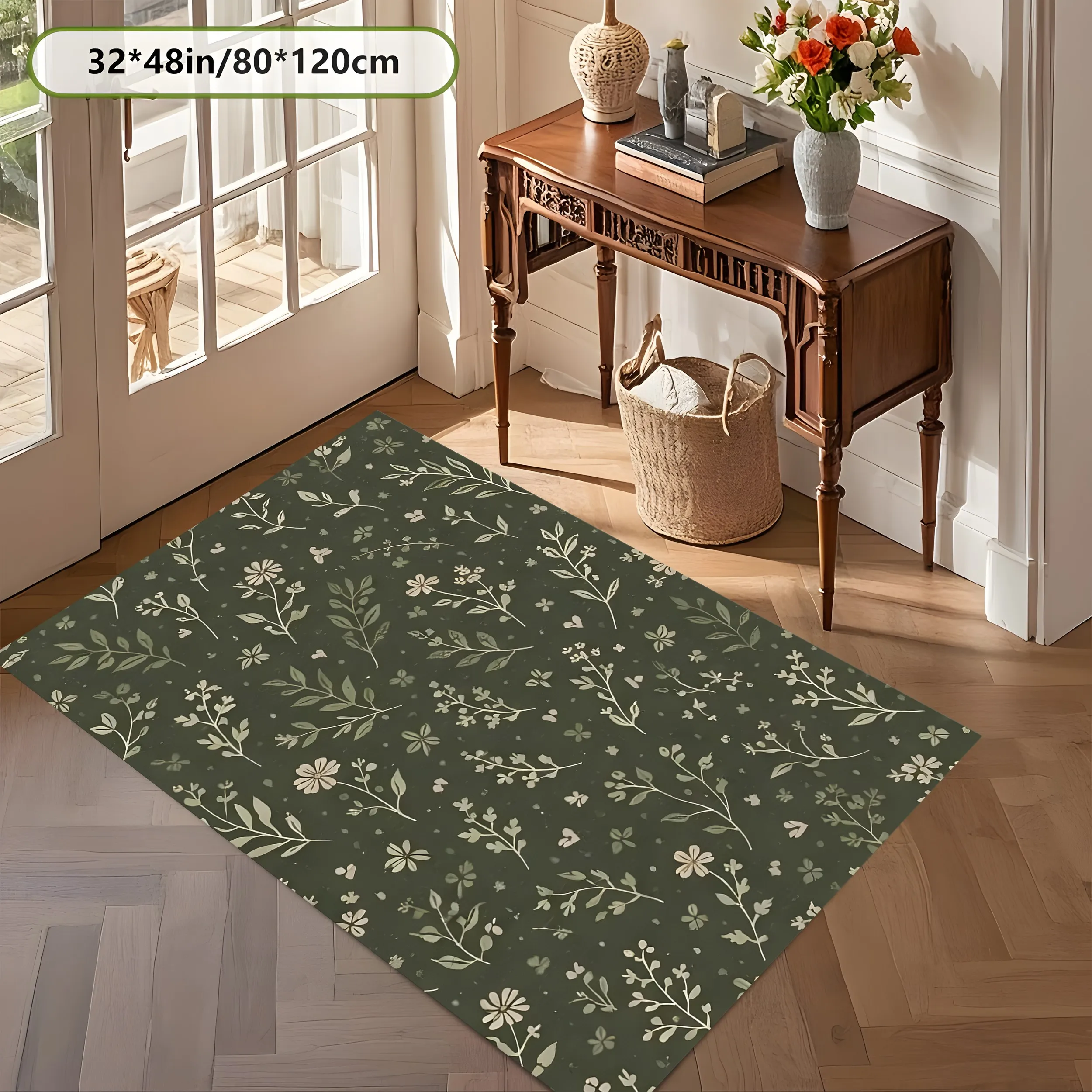 2D Carpet with Dark Green Background and Floral Pattern in French Retro Style for Living Room, Bedroom, and Bay Window