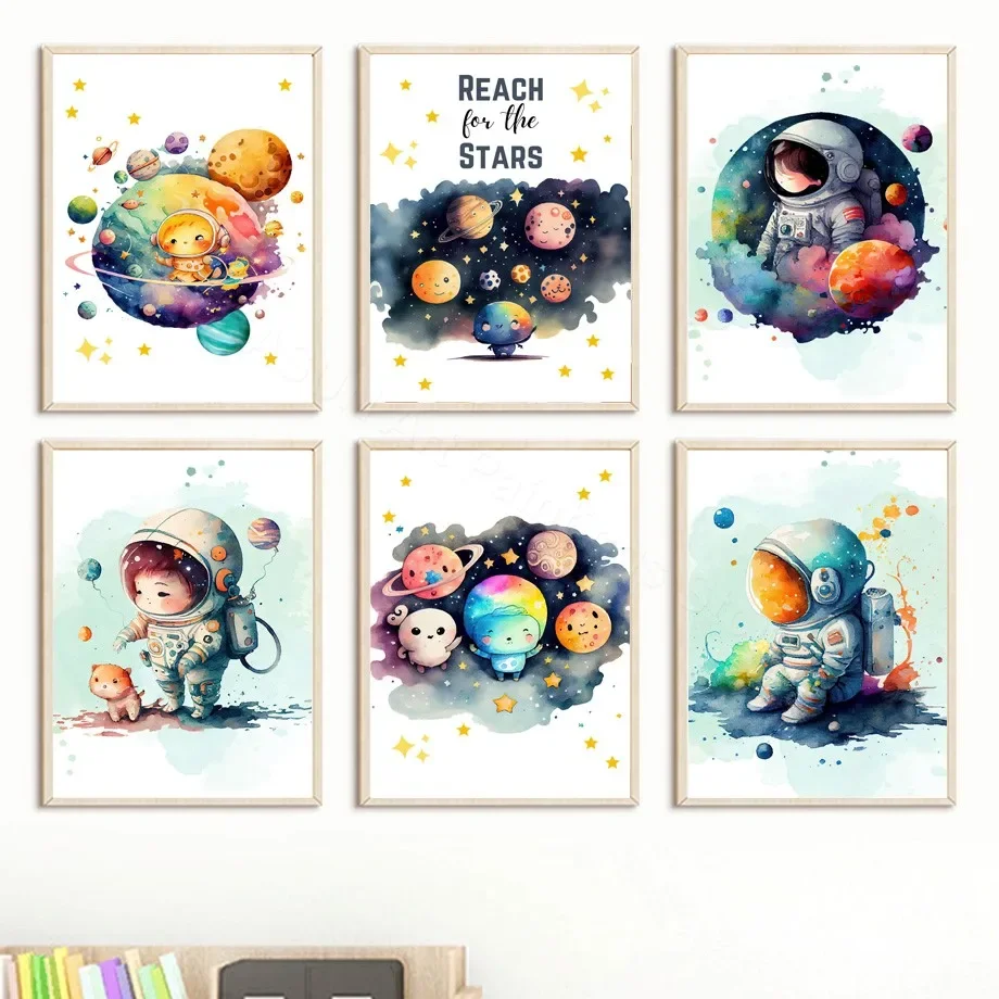 Astronaut Planet Outer Space Milky Way Galaxy Wall Art Print Canvas Painting Watercolor Poster Pictures For Baby Kids Room Decor