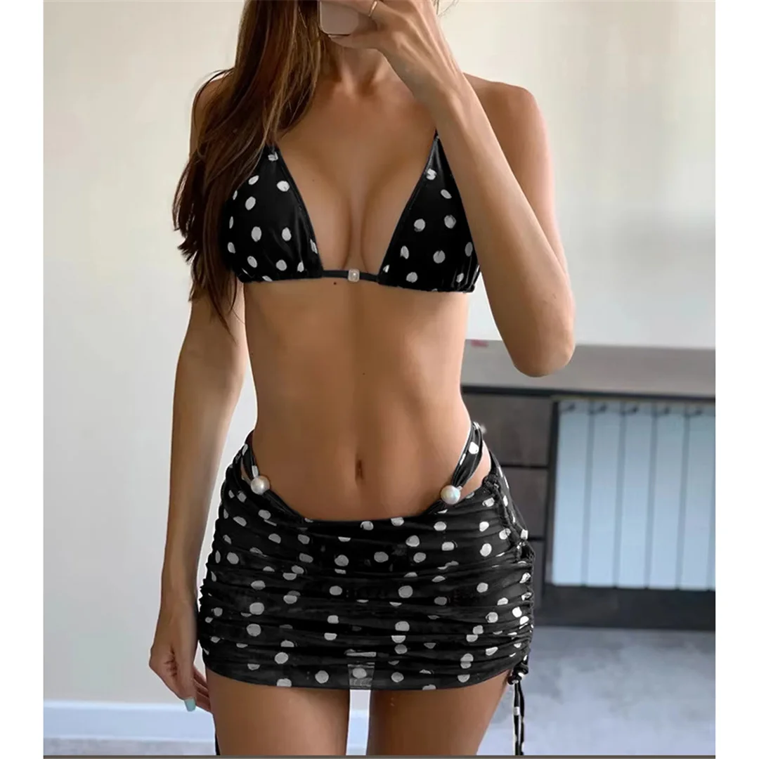 

With Skirt Polka Dot Bikini Female Swimsuit Women Swimwear Three-pieces Bikini set Halter Pearls Bather Bathing Suit Swim