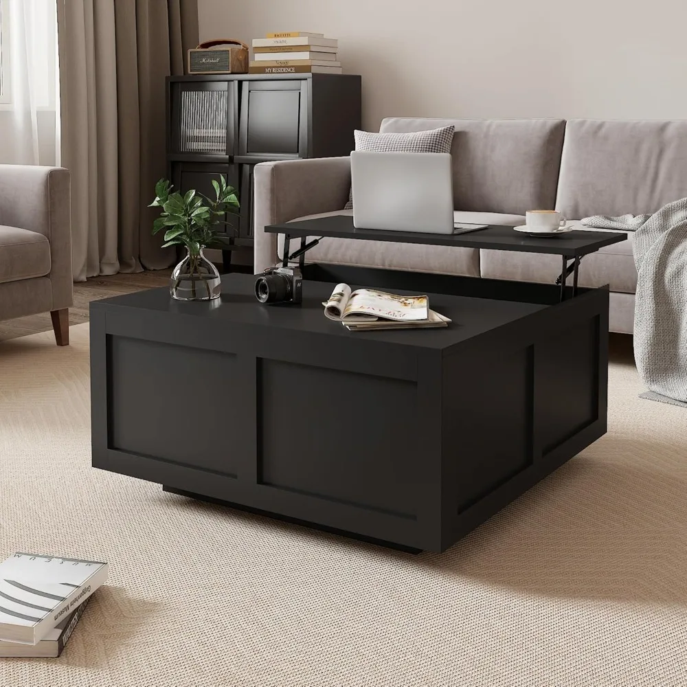 

Lift Top Coffee Table with Storage, 31.5 Square Black Coffee Table with Large Hidden Storage, Wood Living Room Table Center