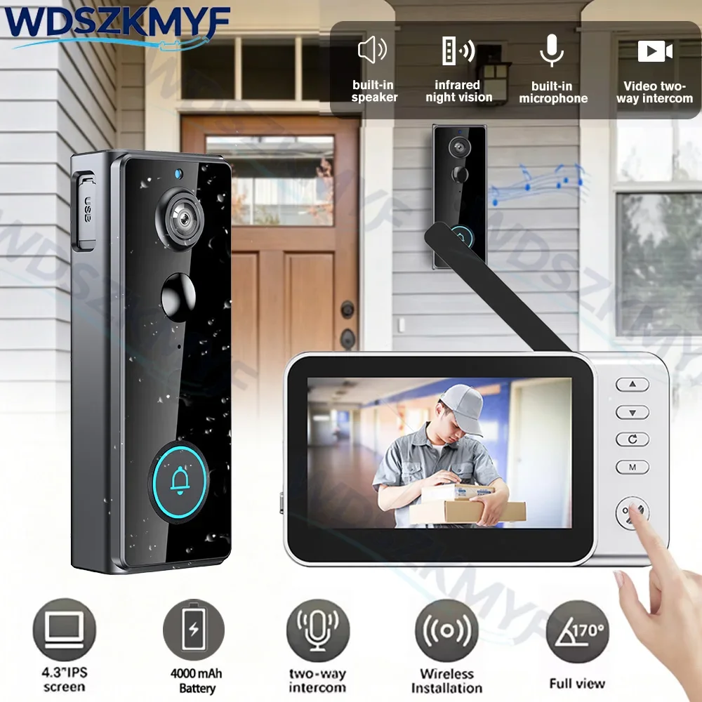 Waterproof  Video Monitoring Doorbell 4.3 Inch IPS screen 4000mAh PIR motion sensor Two-way intercom 2.4G Video Doorbell Camera