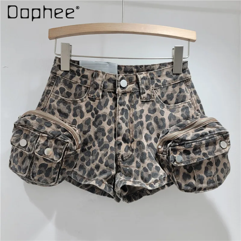 

American Retro Spice Girl Style Leopard Print Elastic Shorts 2025 Summer Design Sense Washed Heavy Industry Pocket Overalls
