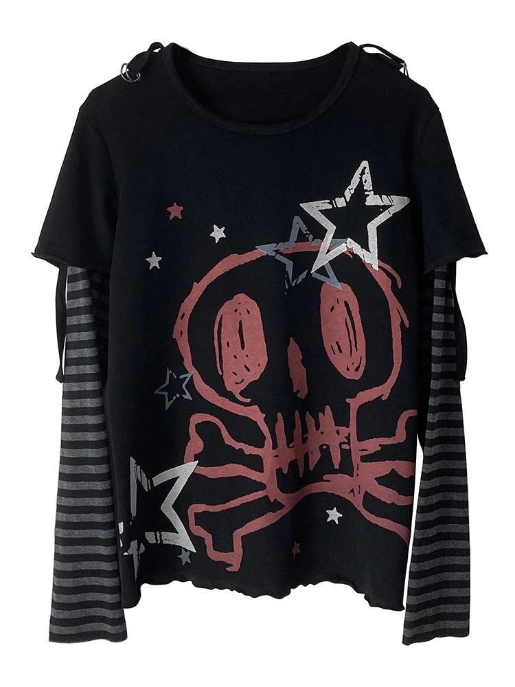 原宿-長袖Tシャツ,偽のツーピースTシャツ,ゆったりとしたパンクロックのグランジトップ,漫画のトップ,秋と冬のエモ,y2k