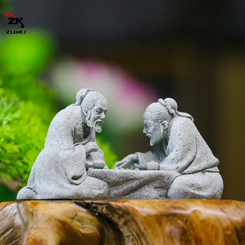 1pcs Chinese Elder Playing Chess Statues Miniature Landscape Ornament Home Decoration