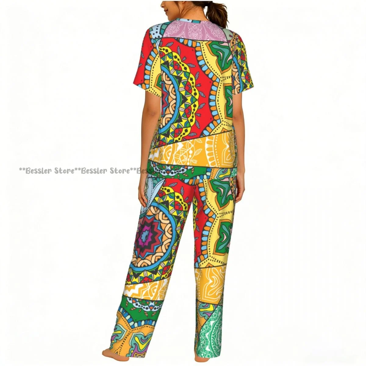 Vintage Indian Arabic Turkish Mosaic Print Pajamas Set Short-sleeved Women Home Clothing view 4