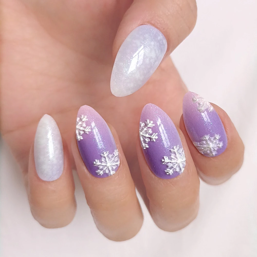 Christmas Snowflake Short Stiletto Fake Nails With Glue Gradient Purple Press On Nail DIY Glitter Manicure Accessory