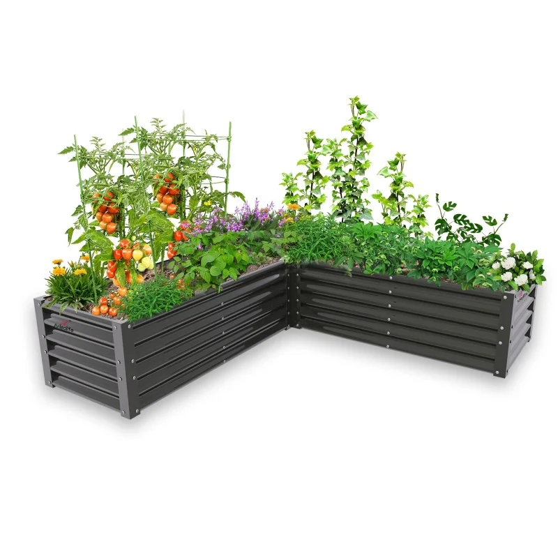 L-Shaped Galvanized Raised Garden Beds Outdoor,74x74x18in Metal Planter Box for Planting Vegetables, Easy-Setup, Antique White