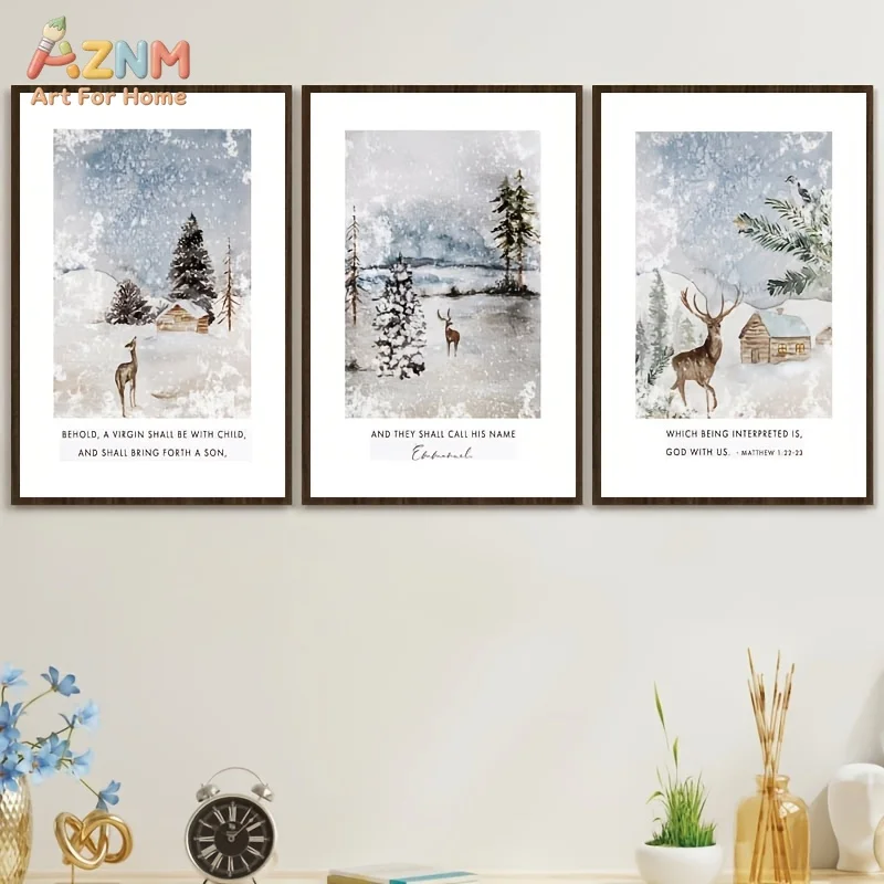 1pc/3pcs Winter Reindeer & Lodge Scripture Canvas Wall Art Frameless Educational Charts & Posters for Classroom And Home Decor