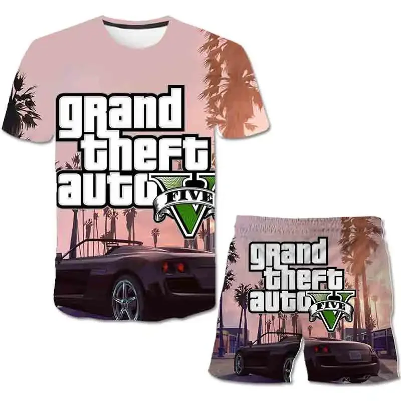 Summer Children Game GTA 5 Clothes Sports Clothes For Baby Girl Boy Tshirts 2 Piece Set Kids Baby Children 1-14 Years Clothing