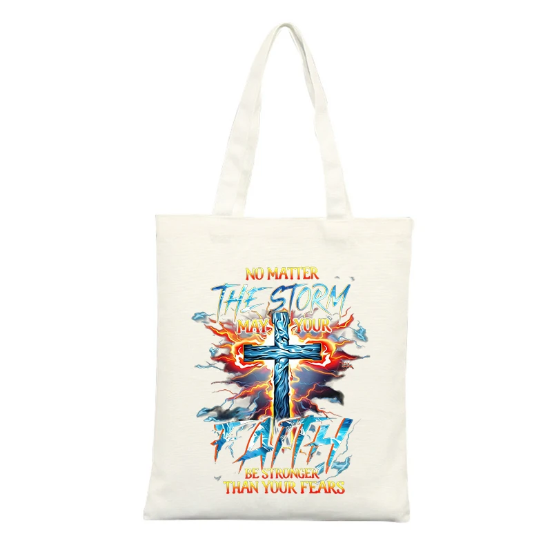 Sac fourre-tout en toile avec motif croix et flamme, idéal pour un usage quotidien décontracté et pour trouver de l’inspiration spirituelle.