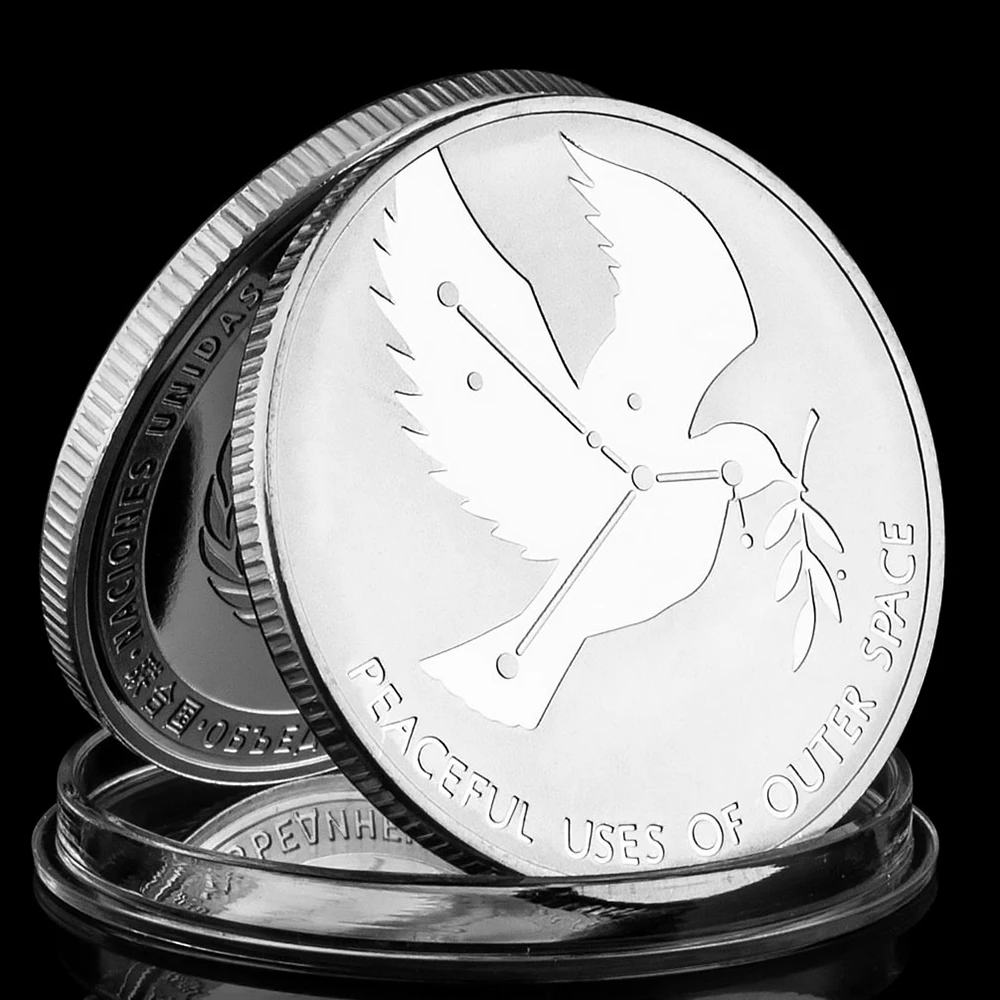 United Nations Peaceful Uses of Outer Space Souvenir Silver Plated Coin Peace Dove Pattern Collectible Commemorative Coin