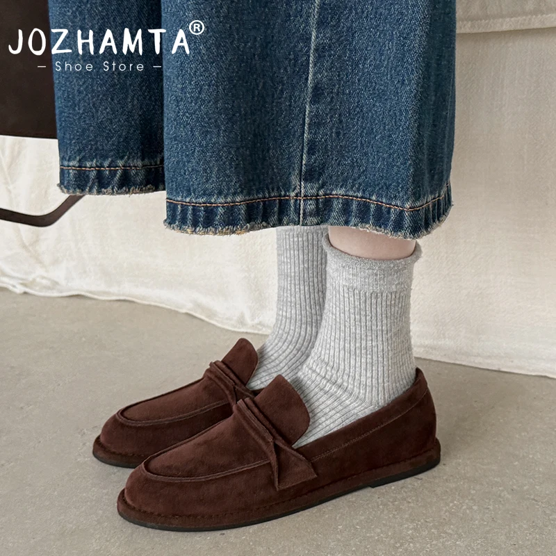 JOZHAMTA Size 34-40 News Loafers Women Flats Shoes Cow Suede Woman Spring Bow Casual Shoes Lace Up Round Toe Ladies Shoes