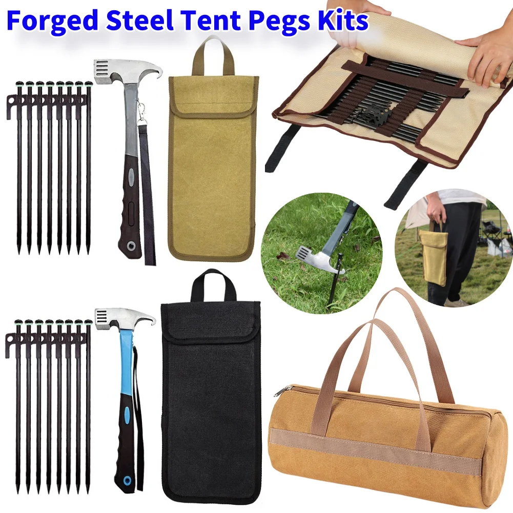 Camping Tent Legs and Hammer Sets Tent Stakes Pegging Ground Nails 30cm Length with Storage Bag Outdoor Camper Tourist Supplies