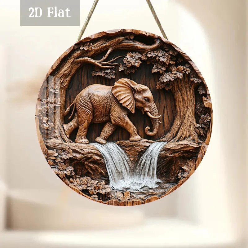 2D Flat - 1pc Elephant Sculpture Made from Woodblock Printing, Featuring a Forest Scene on a Wooden Panel. This Rustic Round Woo