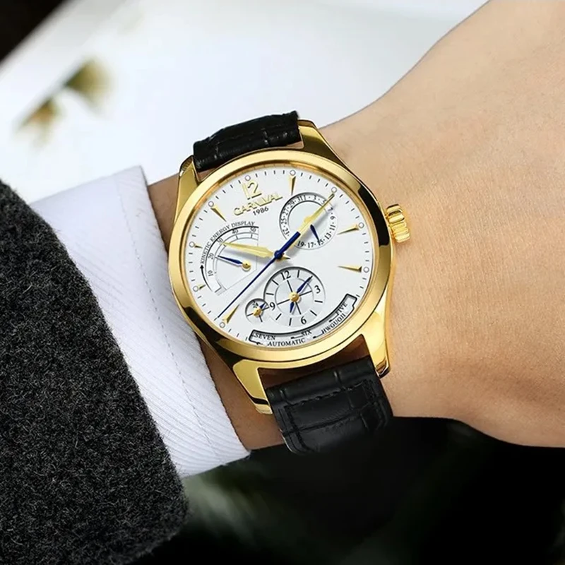 CARNIVAL Luxury Business Multiple Time Zone Watches For Man High Quality Automatic Watch Calendar 24 hours Energy Display Reloj