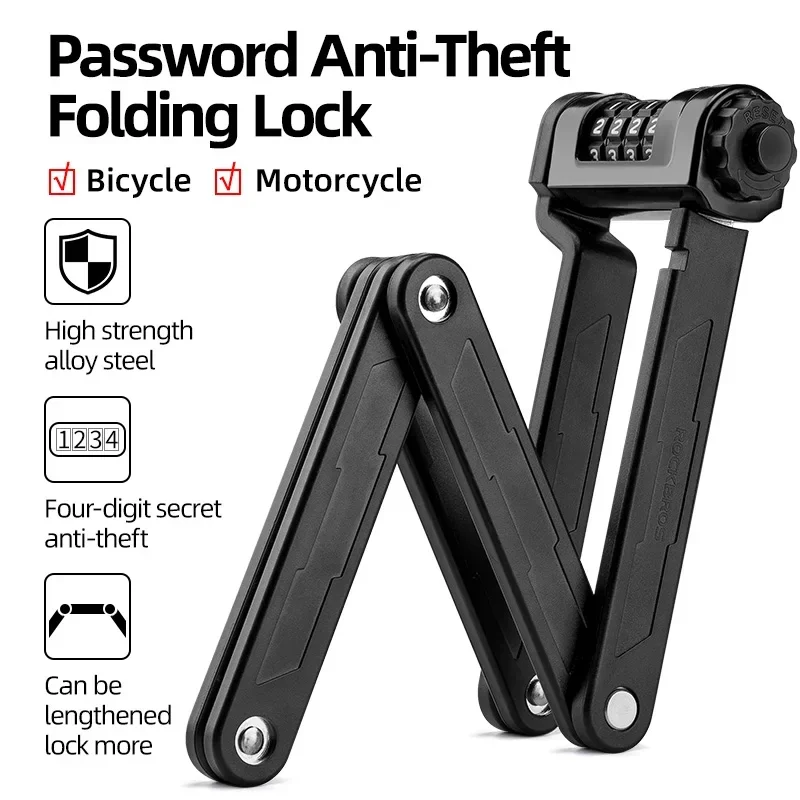 ROCKBROS Bike Lock Zinc Alloy Four-Digit Security Anti-Theft Lock Foldable Password 85CM Lock Door MotorBike Accessories