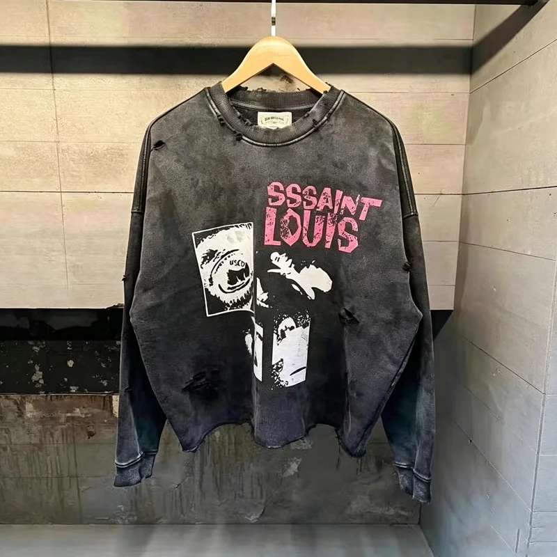 Paint Soiled SSSAINT LOUIS Sweatshirts Men Women Vintage Streetowear Washed Distressed Hole Damaged Black Loose Hoodie Pullovers