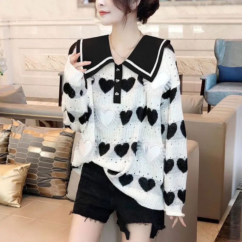 Women's Clothing Sweet Sailor Collar Jumpers Fashion 3D Heart-shaped Autumn Winter New Long Sleeve Korean Loose Knitted Sweaters