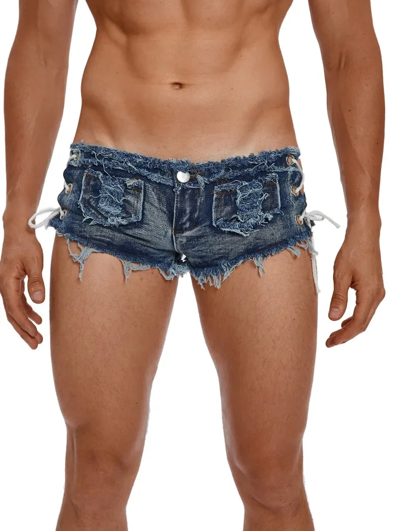 Men's Low Rise Extra Short Hot Pants Raw Edge Ripped Denim Shorts with Sides Lace-up Booty Jeans Shorts for Rave Party Clubwear