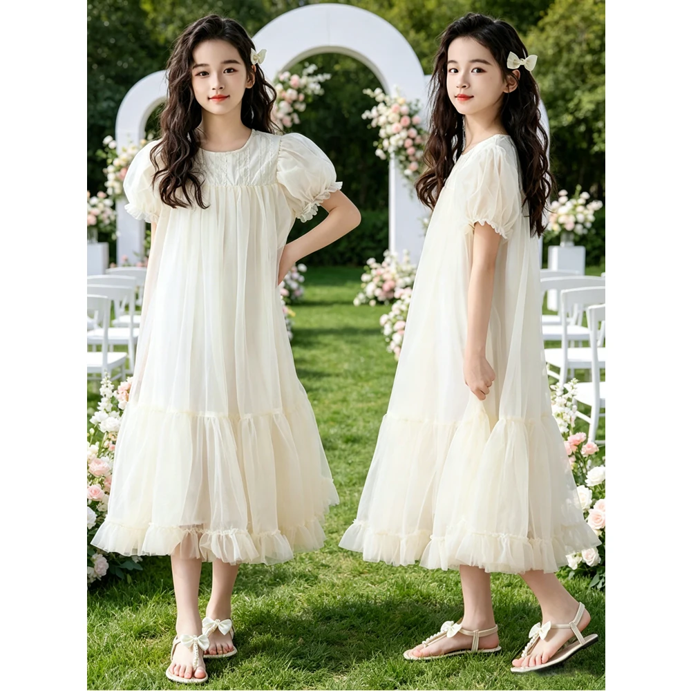 

Lace mesh dress 2026 New summer lace patchwork princess dress For 6-16 Yrs Teenager Girls Chinese Style Beige Loose Dress