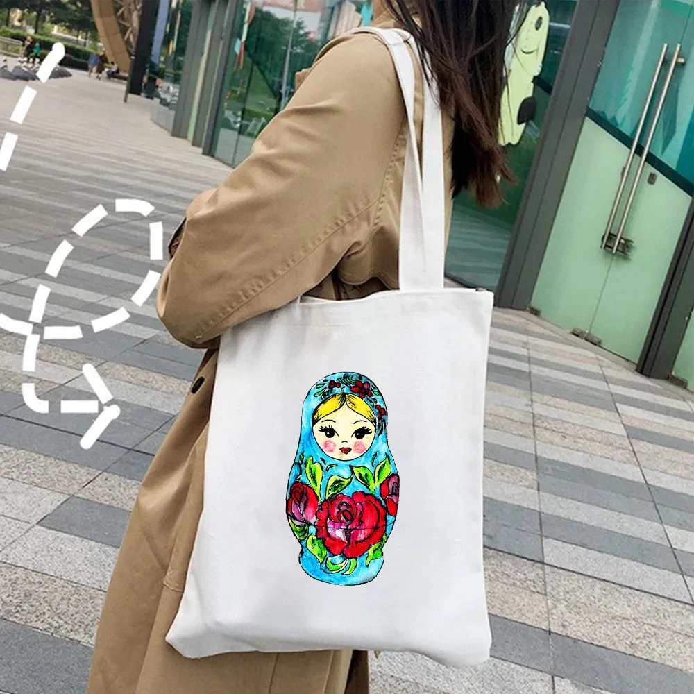 Cute Beautiful Russian Nesting Doll NYET Matryoshka Women\'s Canvas Shoulder Cotton Tote Bag Cute School Shopper Shopping Handbag