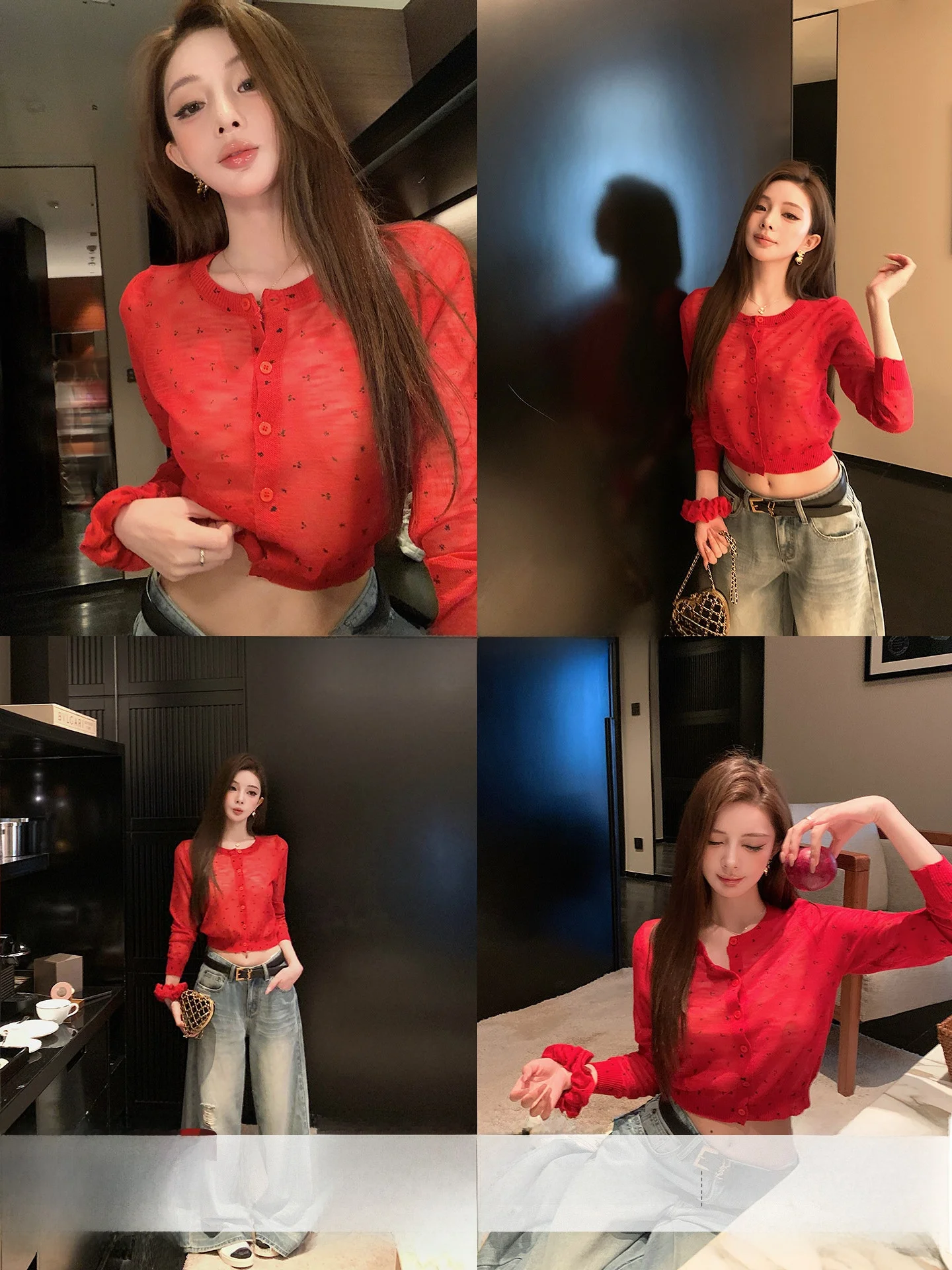 

Chic ort Knitted Sweater Women's round Ne Waist-Cinching Cardigan Spring New Sle Romantic Polka Dot Commute Sle