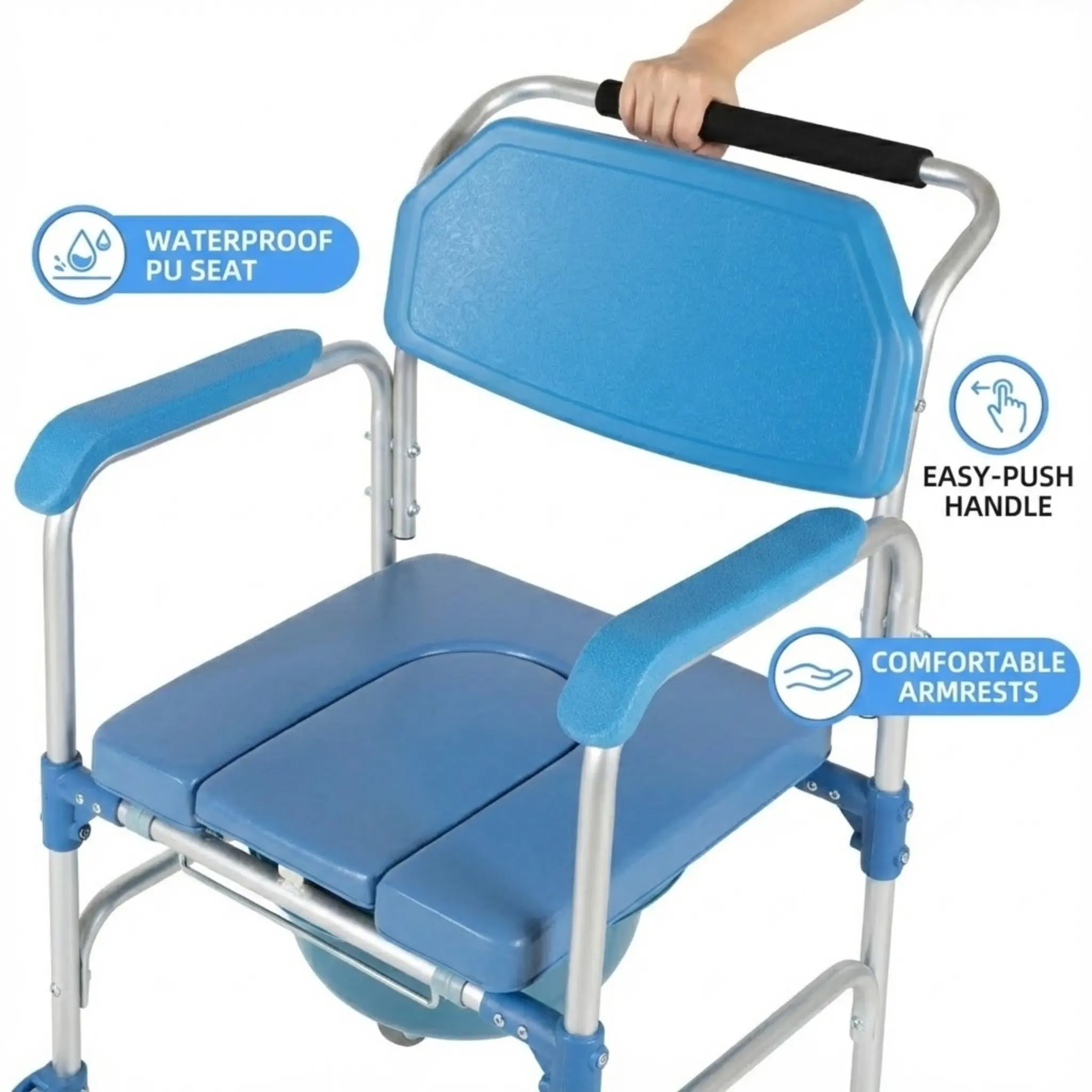 كرسي دش دوار مع مقعد مبطن بعجلات ودلو لكبار السن والمعاقين