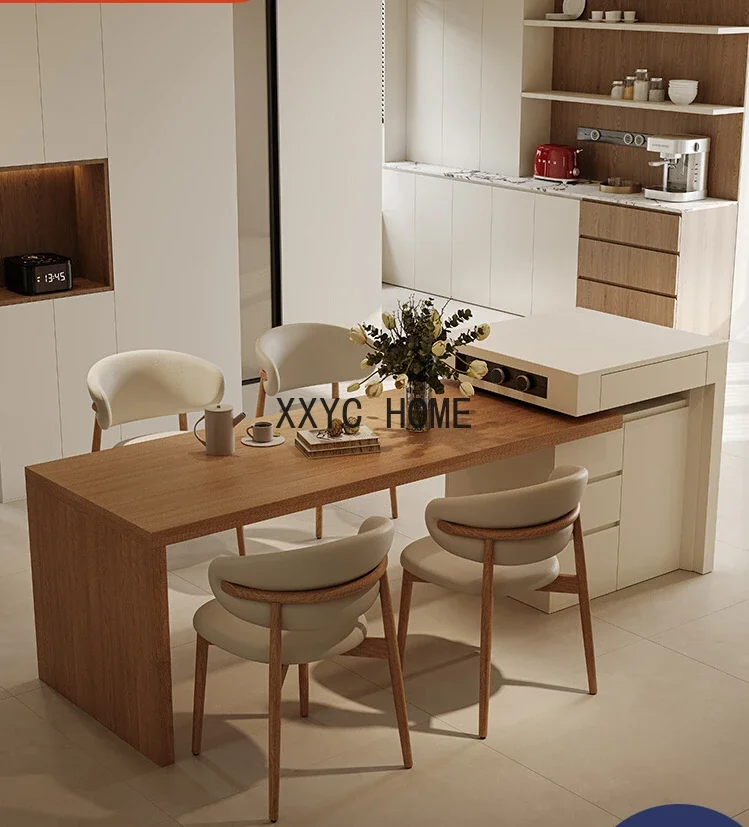 

Log Style Kitchen Island Integrated Retro Cream Style Retractable Solid Wood Kitchen Island Dining Table Combination