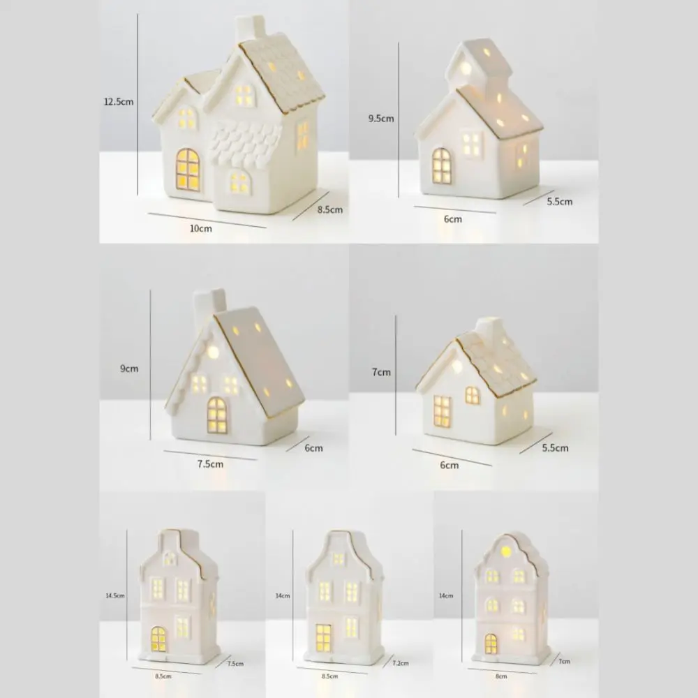 LED تضيء منازل قرية عيد الميلاد السيراميك التماثيل البيت الأبيض مع أشجار عيد الميلاد الخزف قرية منزل عطلة ديكور #6