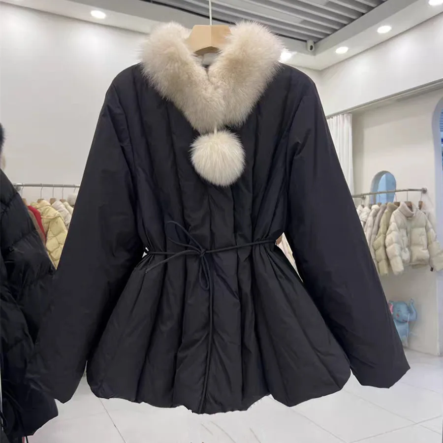 الشتاء منتصف طول كبير ريال فوكس الفراء طوق الأبيض أسفل بطة سترة المرأة الأبيض بطة أسفل الرباط أبلى الإناث سترة مبطنة #4