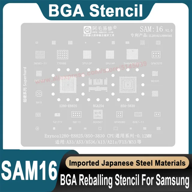 Szablon do reballingu BGA dla Samsung A33 A53 A536 A13 A21S F13 M33 Exynos1280-E8825 E850-3830 CPU Replanting tin seed beads Stencil