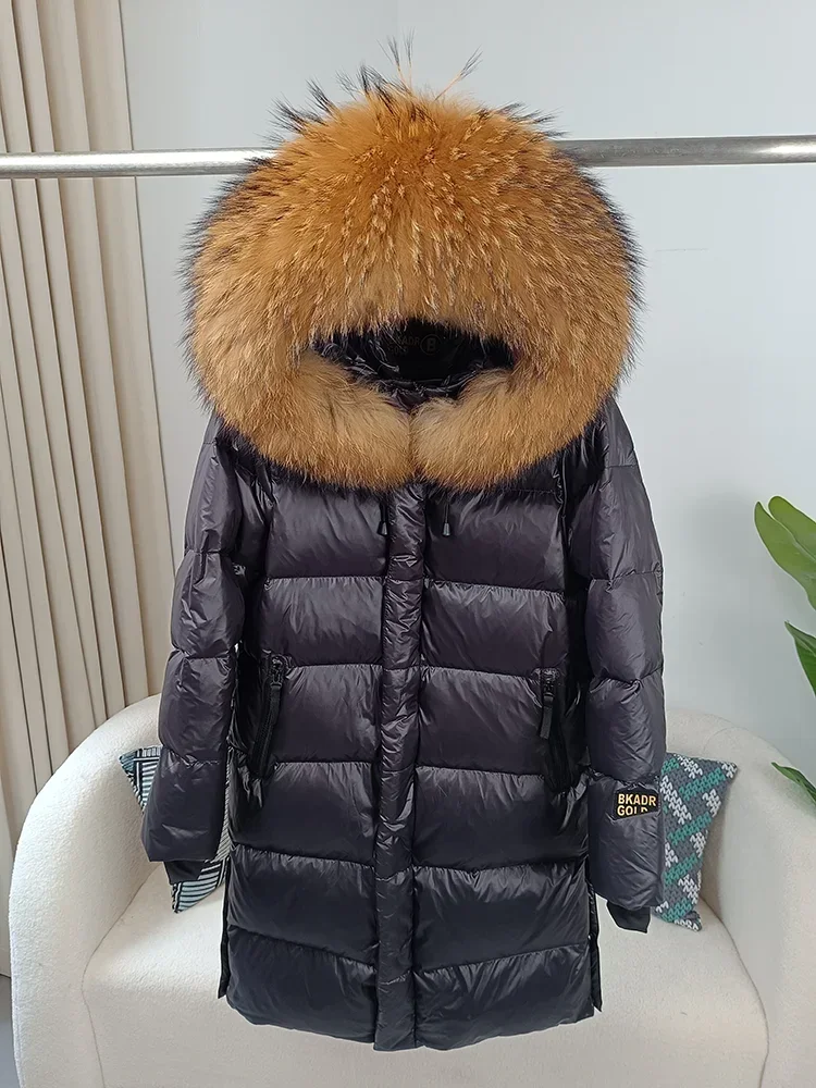 Novo 2025 jaqueta de inverno feminina pele de raposa real gola de pele de guaxinim com capuz grosso quente pato para baixo longo streetwear outerwear destacável