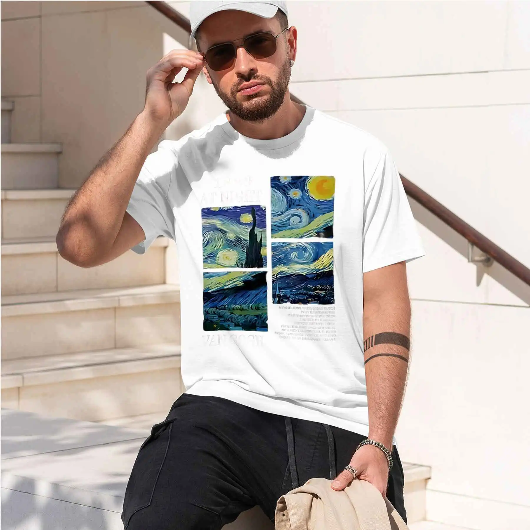 new printed T-shirt printed with  Men's Van Gogh The Starry Night Oil Painting Patchwork T-shirt RetroStyle Casual Tee