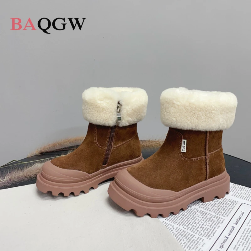 New Designer Snow Boots for Girls with Thick Soles 2023 New Winter Children's Anti-skid Plush Thickened Vintage Cotton Shoes